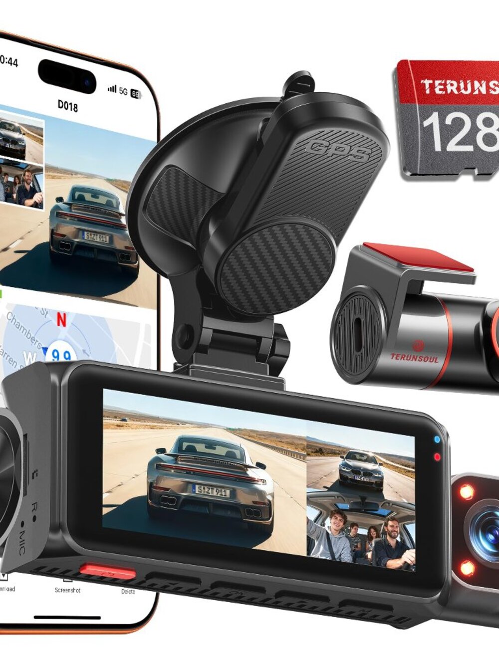 TERUNSOUL 3 Channel 4K Dash Cam Front Rear Cabin WiFi GPS with 128GB SD Card